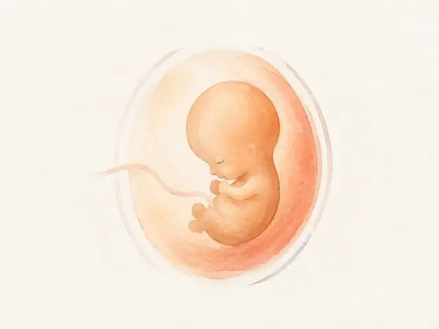 Watercolor illustration of the baby at the selected pregnancy week