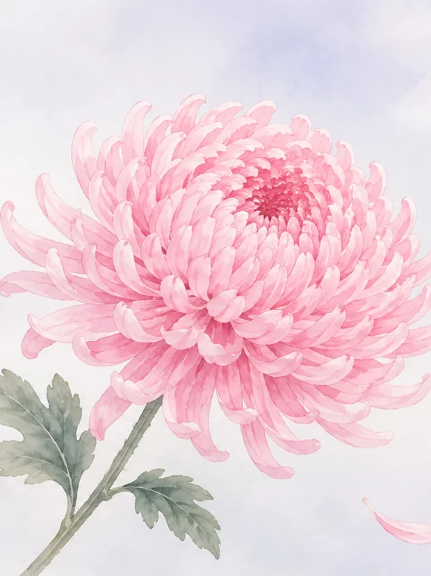 Watercolor pink chrysanthemum, a mid-pregnancy bloom