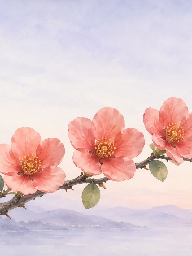 Watercolor quince blossom branch, a third-trimester bloom