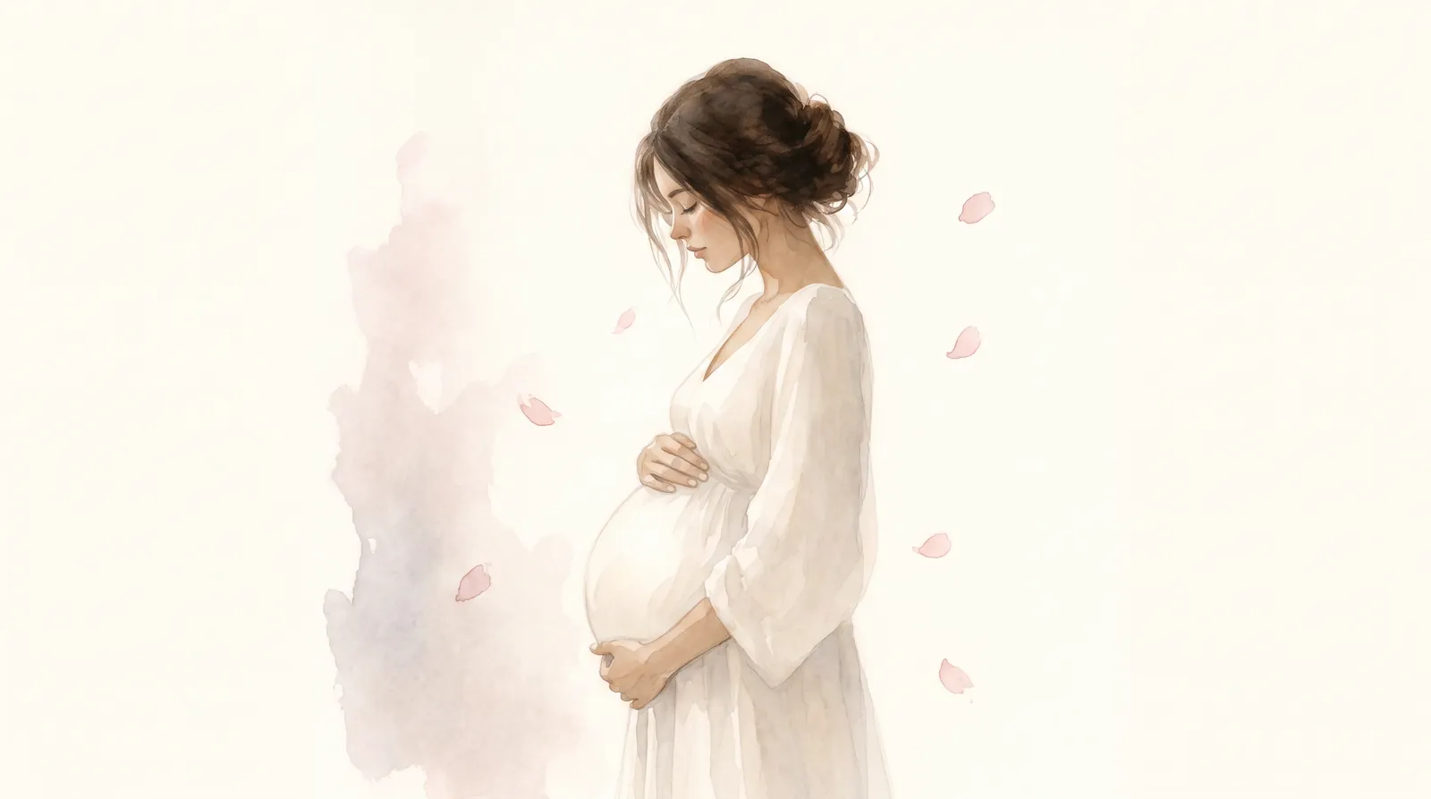 Watercolor illustration of a pregnant woman with her eyes closed, cradling her belly while blossom petals drift past