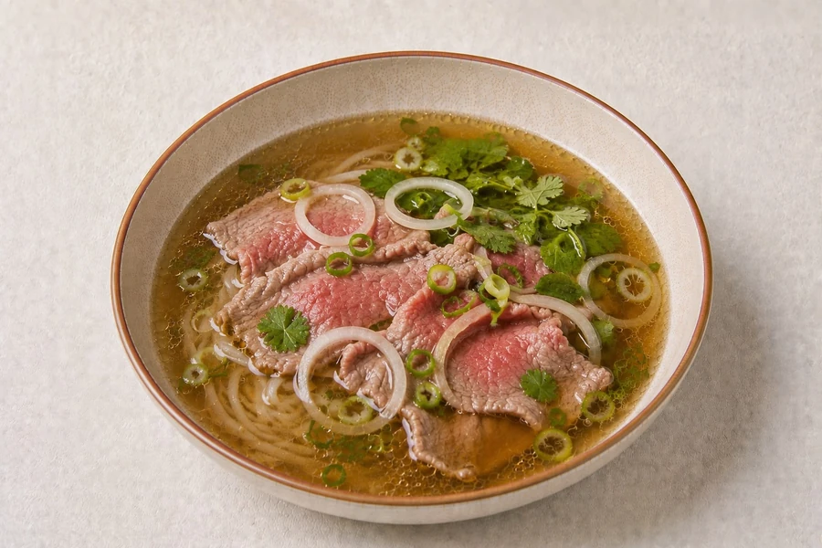 A bowl of beef pho with rice noodles, herbs and spring onion