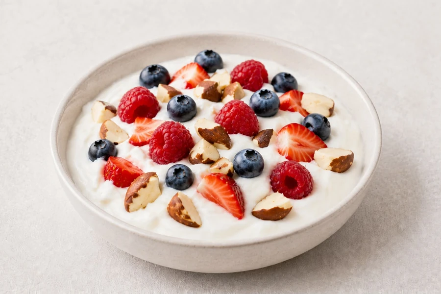 A bowl of yogurt with berries and chopped brazil nuts
